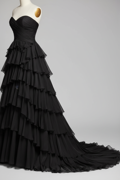Black tiered ruffle evening gown - hem and train detail