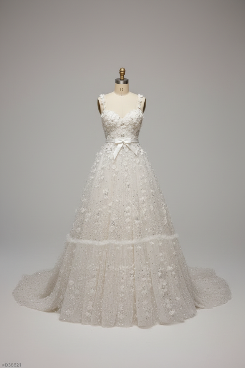 White 3D floral A-line wedding dress - front view