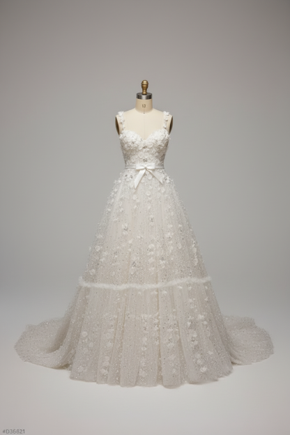 White 3D floral A-line wedding dress - front view