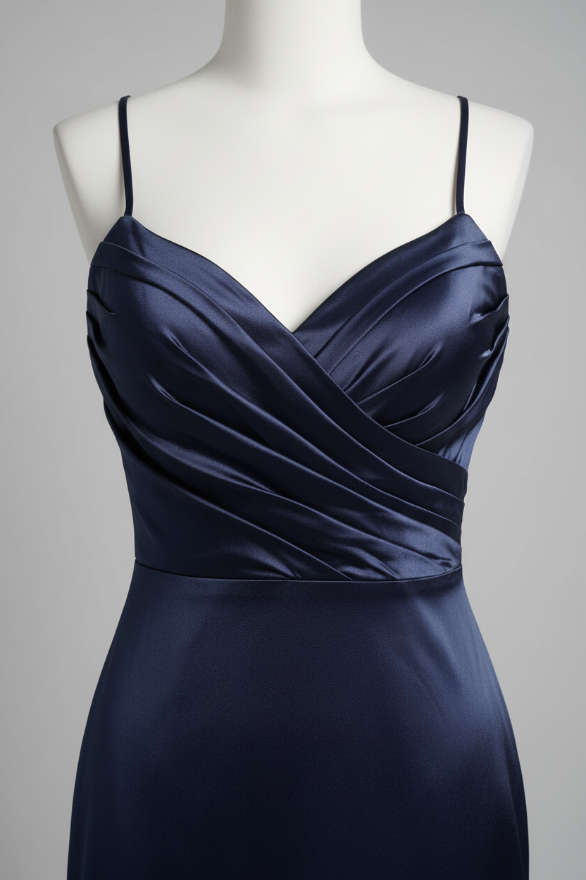 Navy blue satin sweetheart crisscross high slit A-line bridesmaid dress - bodice detail