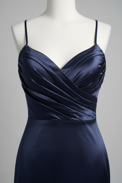 Navy blue satin sweetheart crisscross high slit A-line bridesmaid dress - bodice detail
