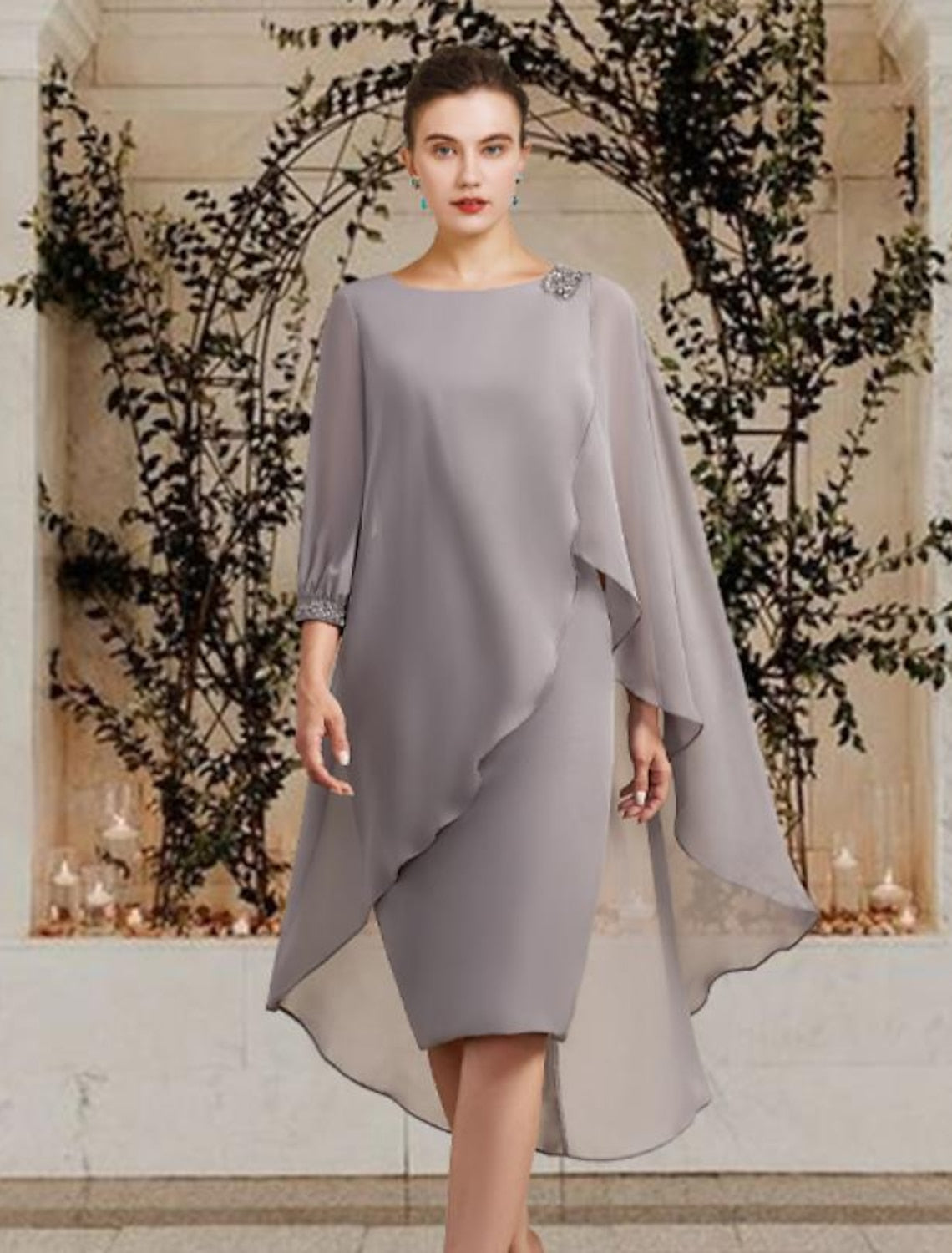 Knee-Length Mother of the Bride Sheath/Column Jewel Neck Dresses