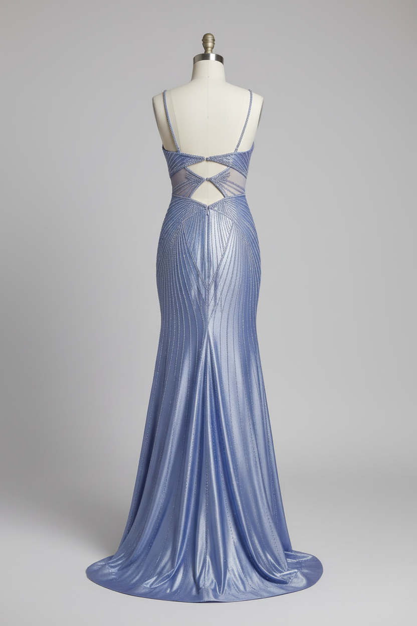 Periwinkle blue beaded gown back view showing open back detail