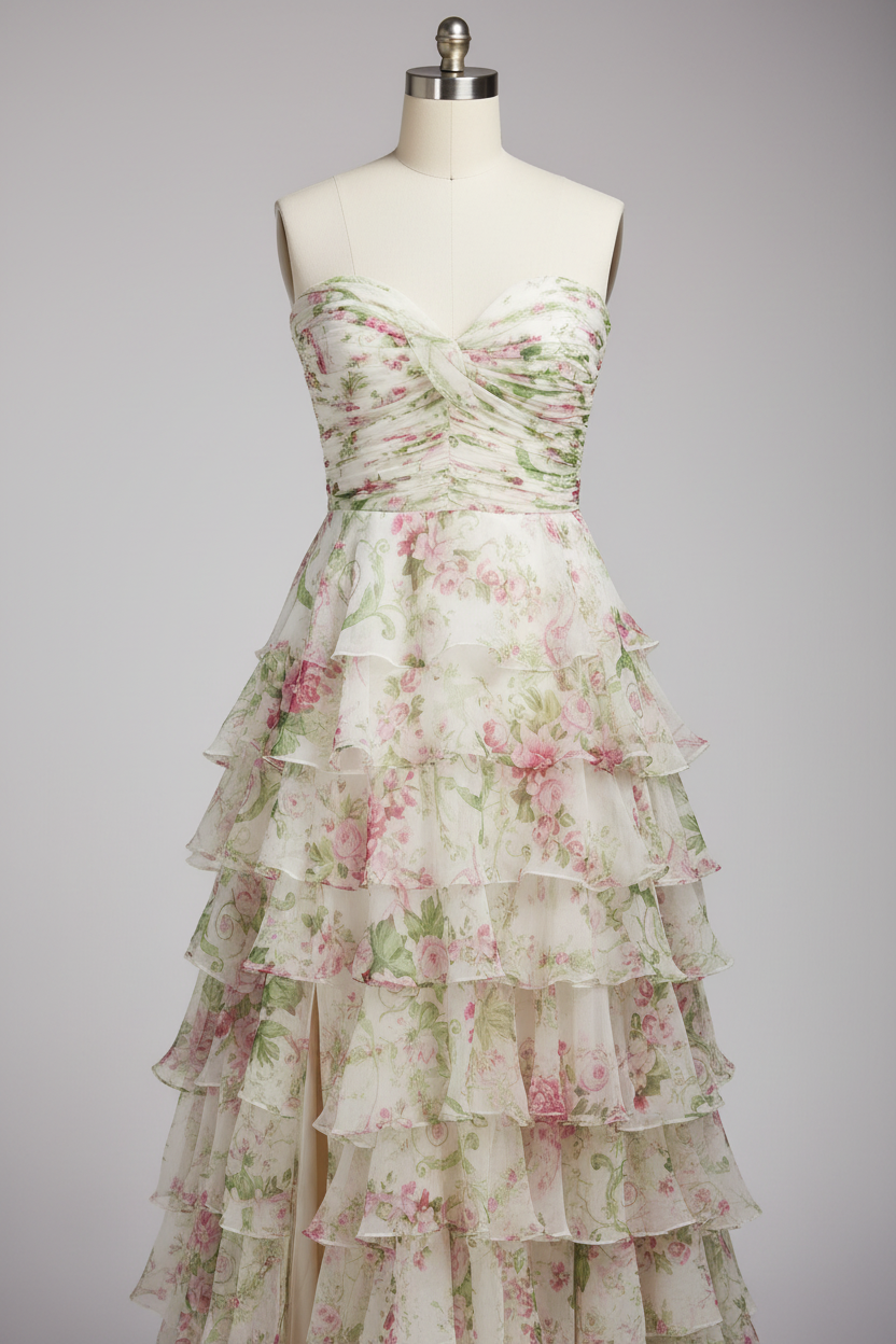 White floral print prom dress - ruffle detail