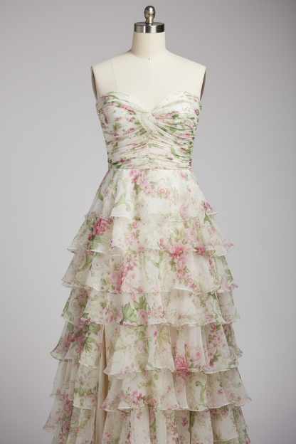 White floral print prom dress - ruffle detail