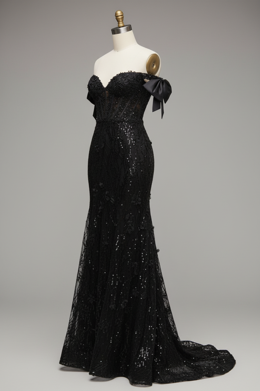 Black sequined lace mermaid evening gown - side view