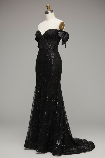 Black sequined lace mermaid evening gown - side view