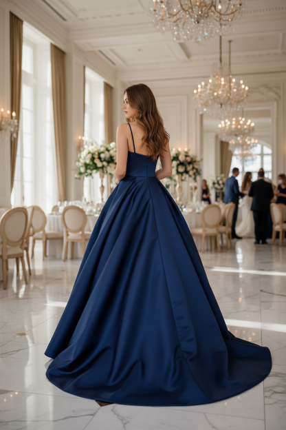 Bridesmaid wearing navy blue satin sweetheart crisscross high slit A-line dress - back