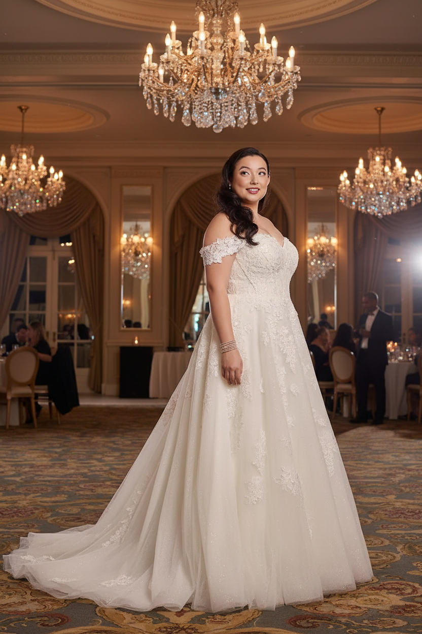 Bride wearing white lace off-shoulder A-line ball gown wedding dress - side