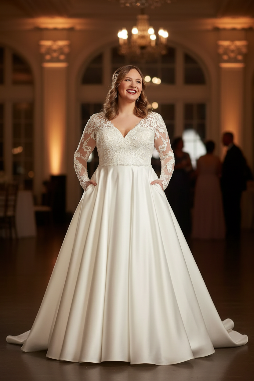 Bride wearing white lace illusion long sleeve V-neck A-line wedding dress - front