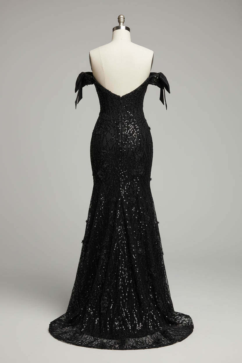 Black sequined lace mermaid evening gown - back view