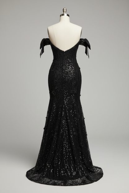 Black sequined lace mermaid evening gown - back view