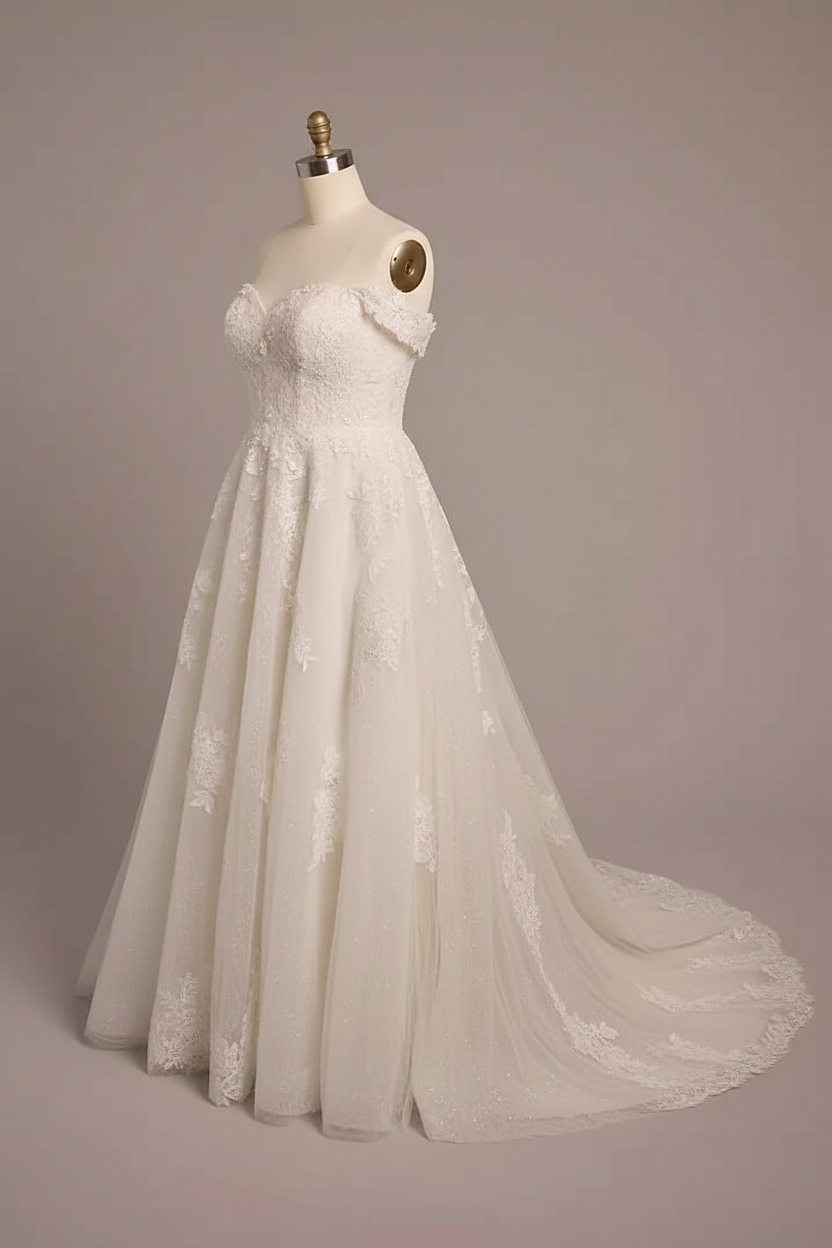 White lace off-shoulder A-line ball gown wedding dress - side view
