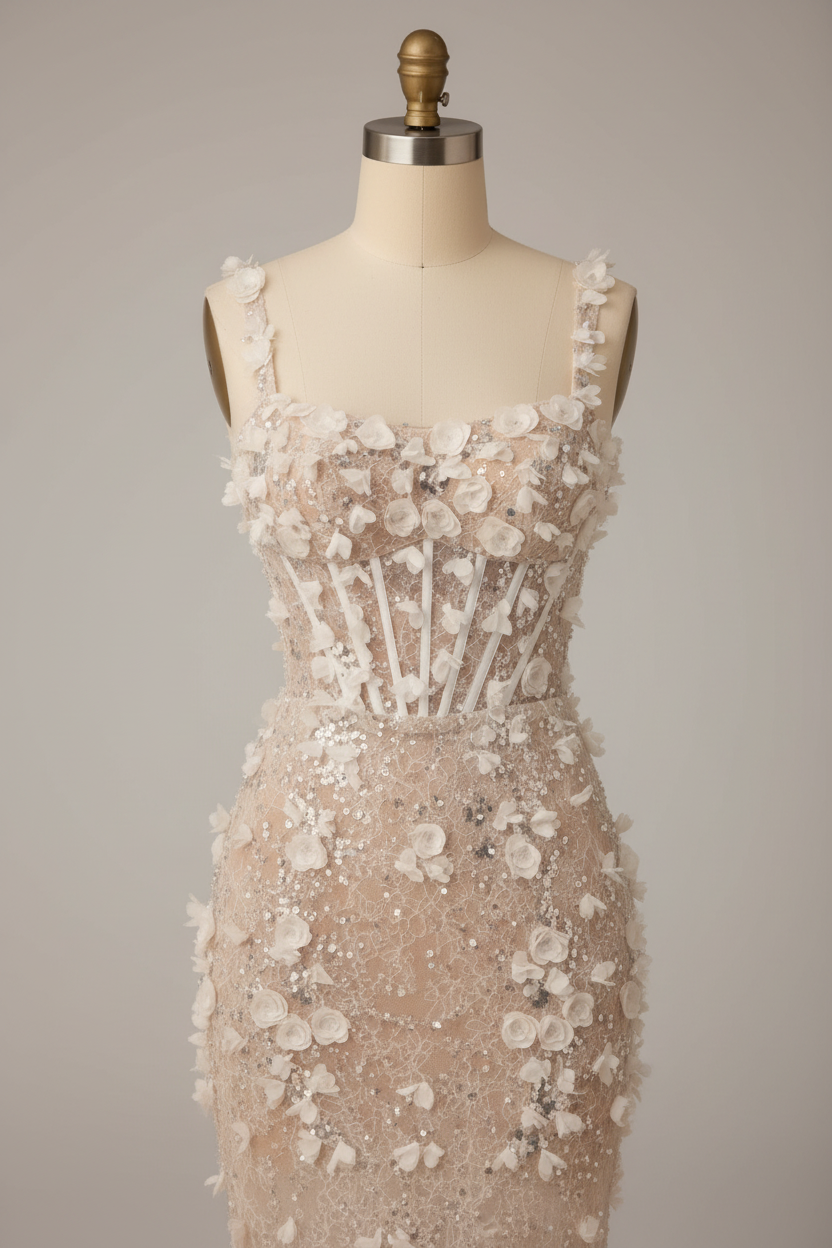 Champagne wedding dress - floral applique detail