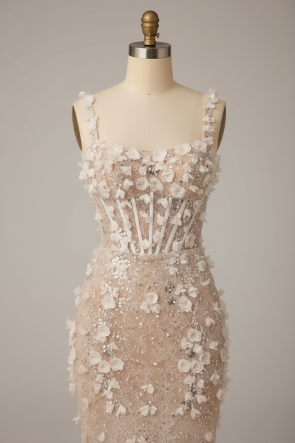 Champagne wedding dress - floral applique detail
