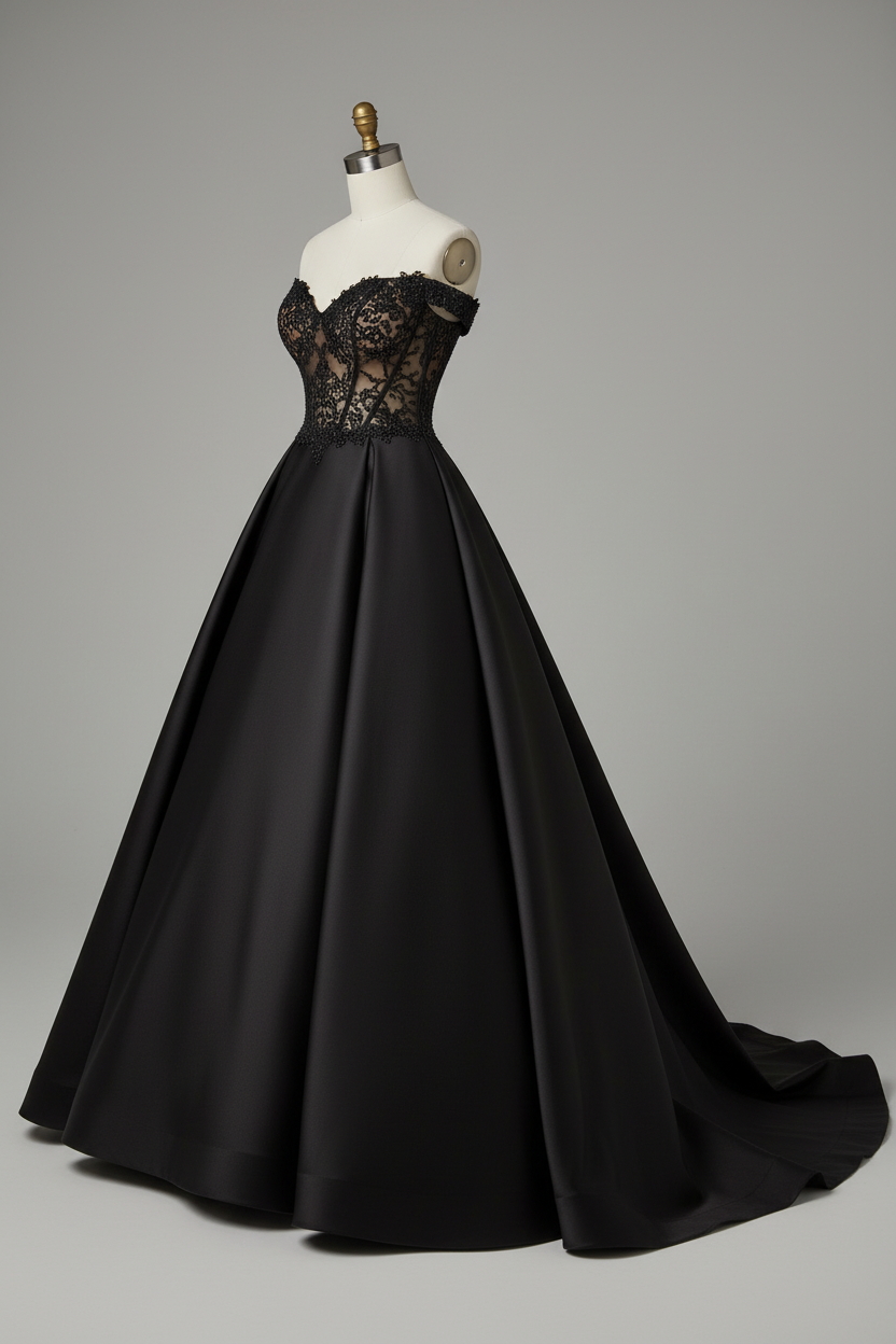 Black A-line ball gown with lace bodice - side view