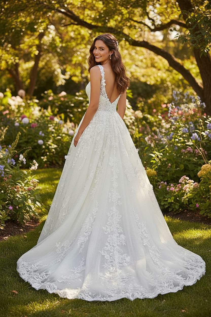 Bride wearing white lace strap A-line ball gown wedding dress - back