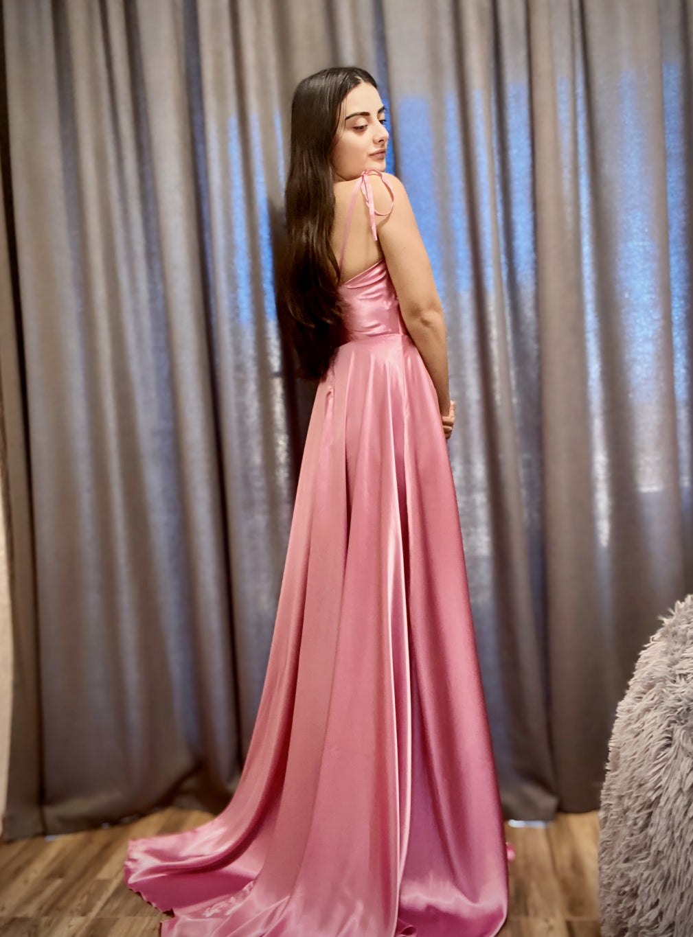 High Split Shiny Floor-Length Dresses with Spaghetti Straps-BMbridal