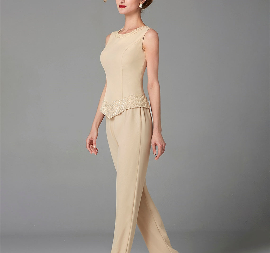 Long-Sleeve Chiffon Mother of the Bride Pantsuit with Jacket and Sequins-BMbridal