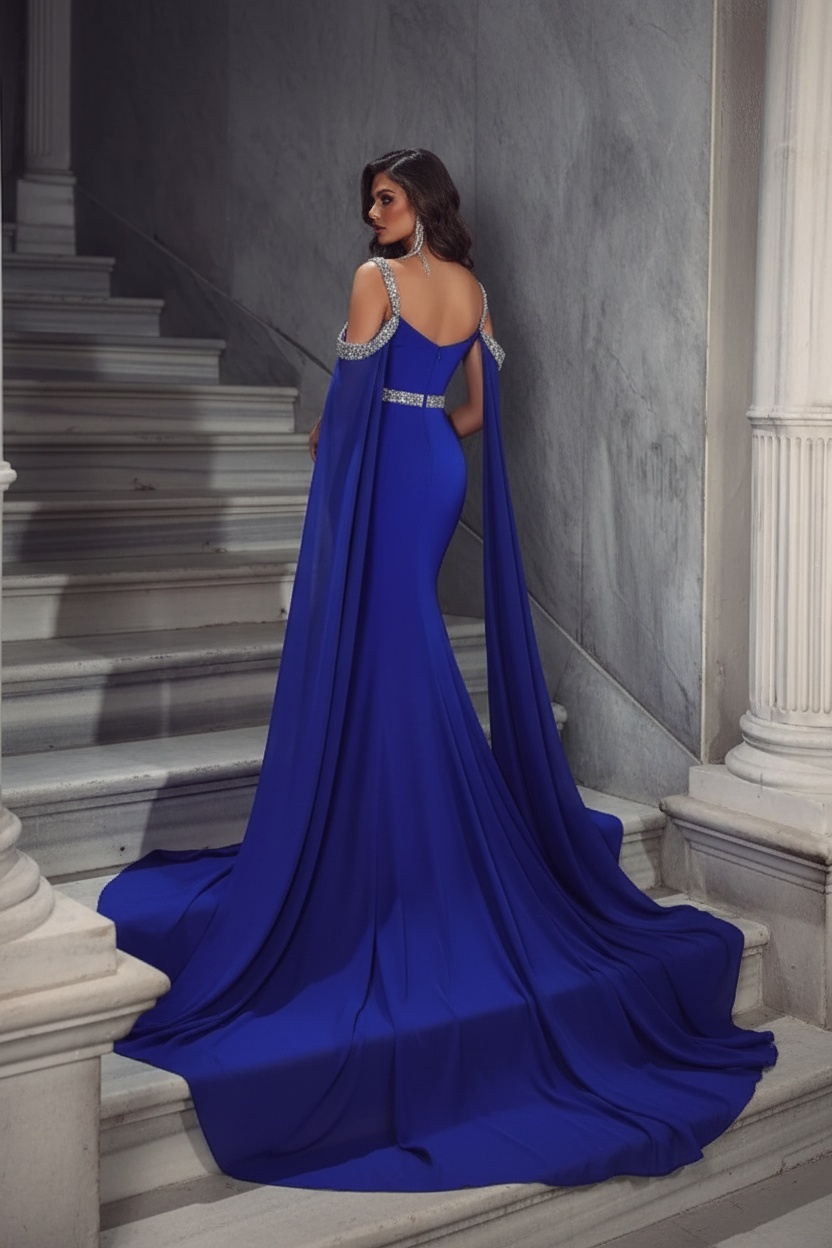 Royal Blue Sequins Off the Shoulder Mermaid Long Prom Dress With High Split
