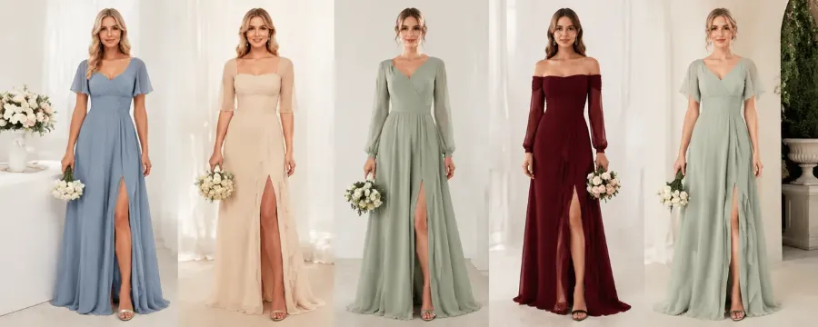 Different bridesmaid dress sleeve styles including cap sleeves, long sleeves, flutter sleeves, and illusion mesh sleeves