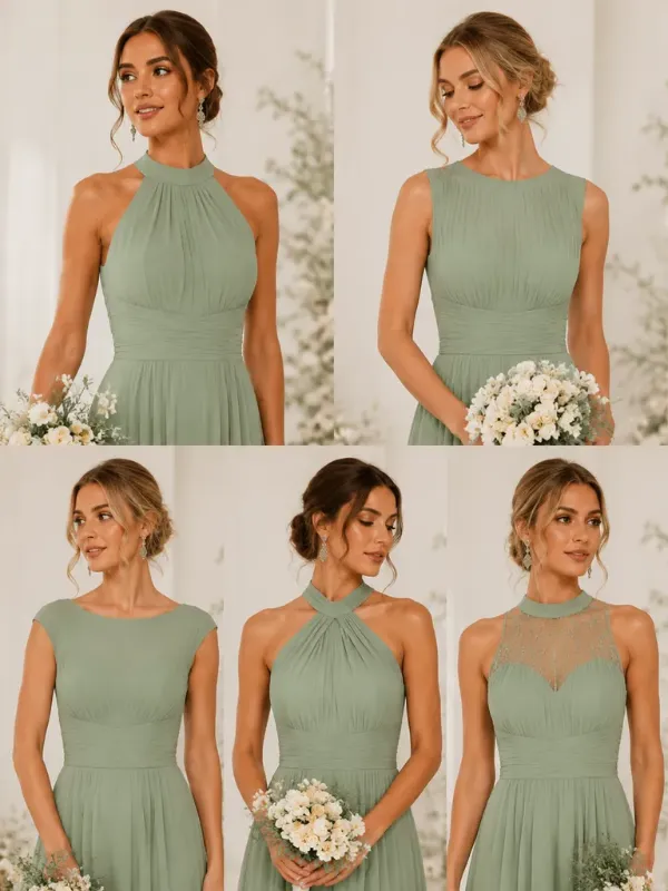 Bridesmaid dresses with different neckline designs including high neck, mock neck, boat neck, halter, and illusion high neck styles