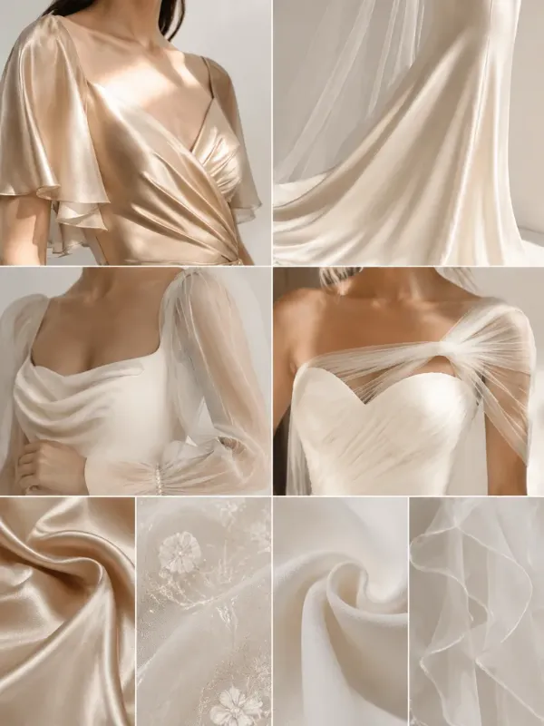 Close-up details of bridesmaid dress fabrics including satin, crepe, tulle, and illusion mesh materials for added coverage