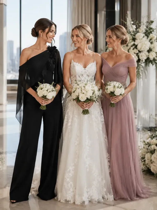 Modern bridesmaid wearing an elegant jumpsuit alternative with a wedding party in coordinated formal styles