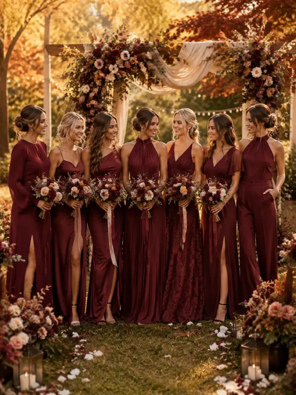 Mix and match bridesmaid dresses in the same color palette featuring different sleeves, necklines, and jumpsuit silhouettes
