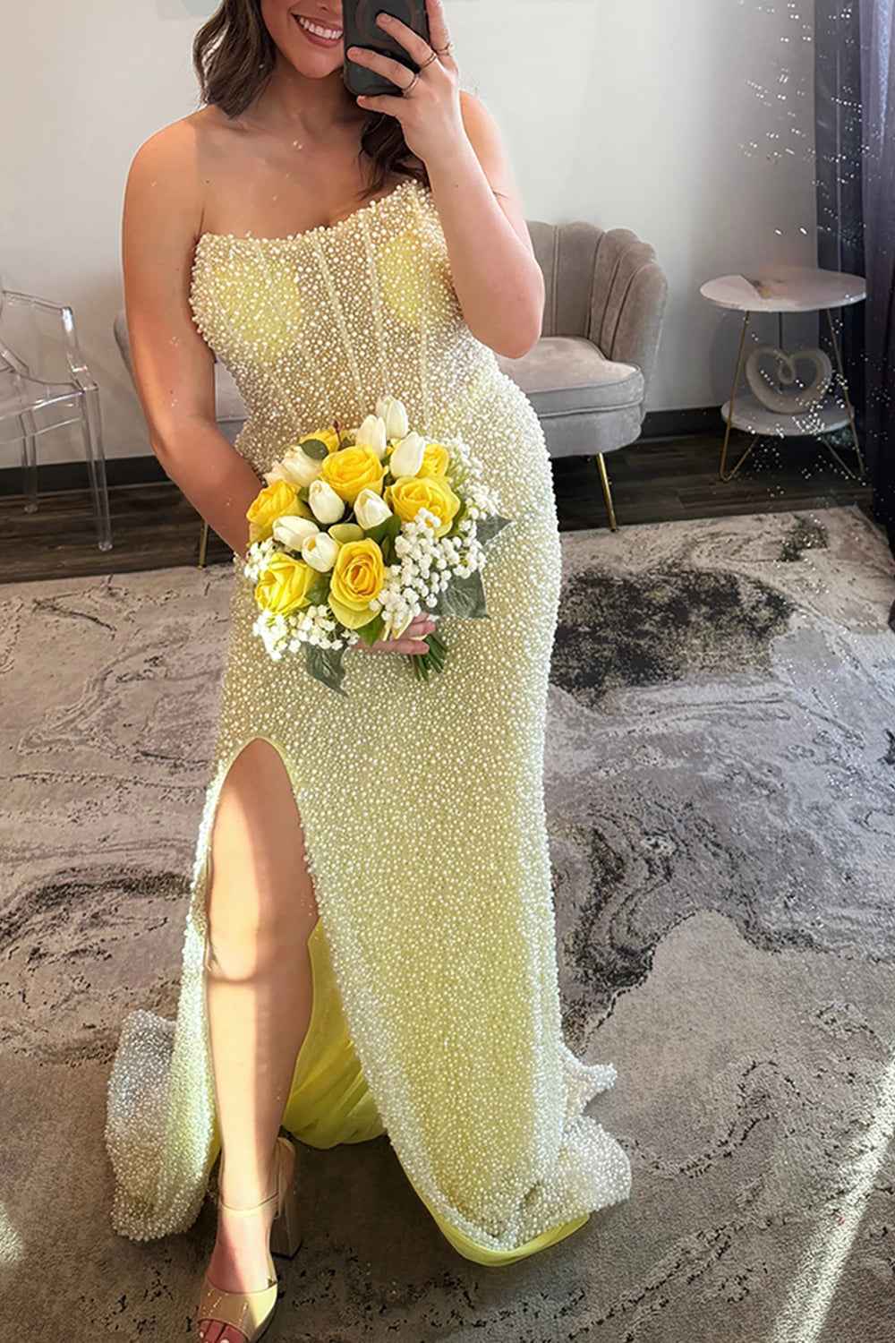 Sparkly Light Blue Mermaid Strapless Long Corset Prom Dress with Slit