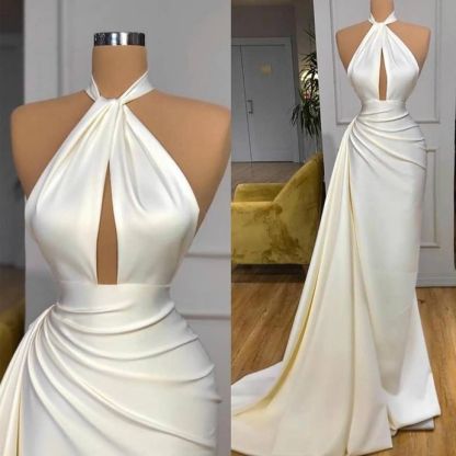 Ivory Halter Long Evening Prom Dress With Split Detachable Train-BMbridal.com