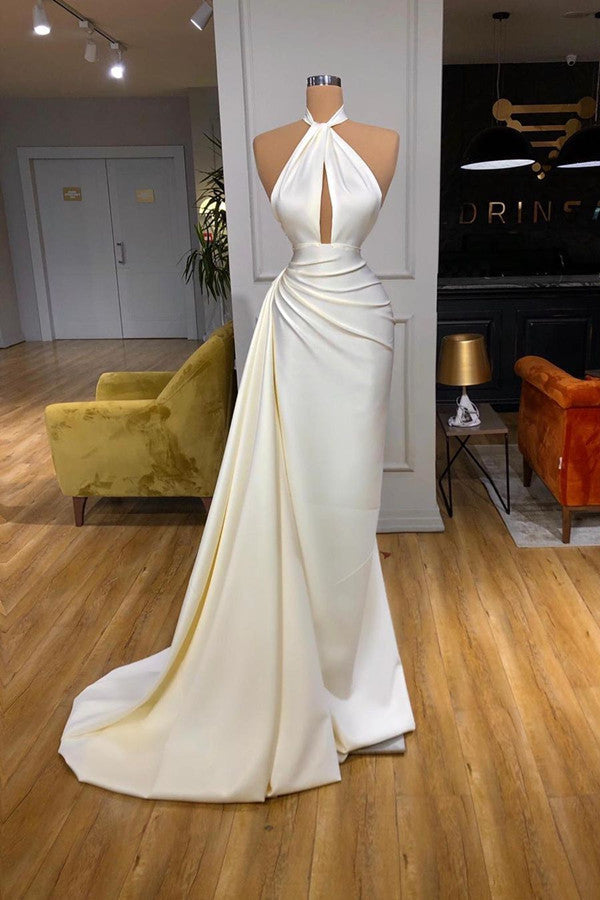 Ivory Halter Long Evening Prom Dress With Split Detachable Train-BMbridal.com