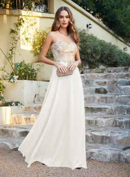 A-line Scoop Chiffon Appliques Floor-Length Dresses Dark Navy-BMbridal