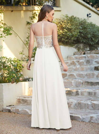 A-line Scoop Chiffon Appliques Floor-Length Dresses Dark Navy-BMbridal