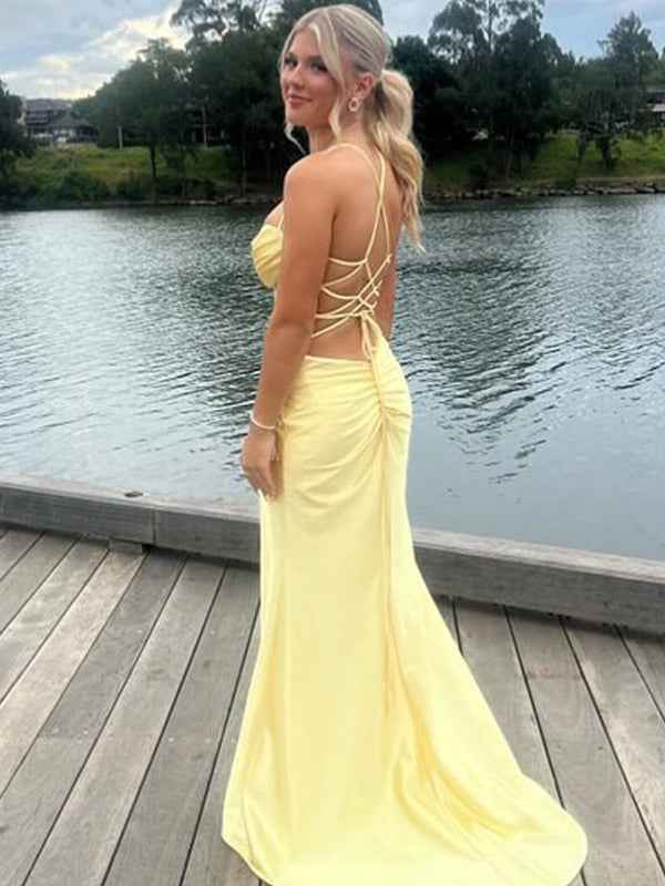 Yellow Mermaid Scoop Neck Satin Long Prom Dress with Slit