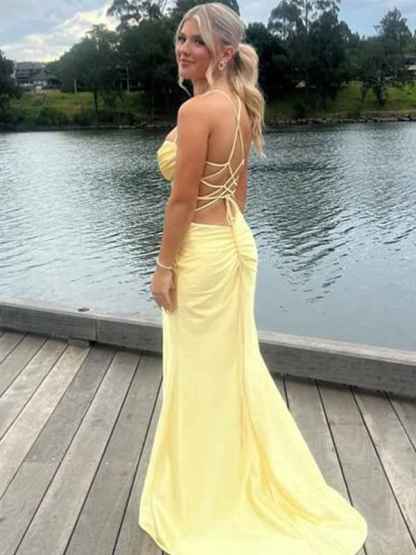 Yellow Mermaid Scoop Neck Satin Long Prom Dress with Slit