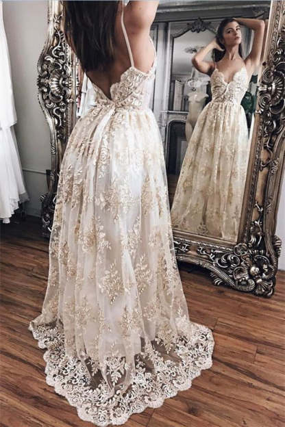 Lace Appliques Elegant V-Neck Prom Dress Tiered Backless Sleeveless Evening Dress-BMbridal.com