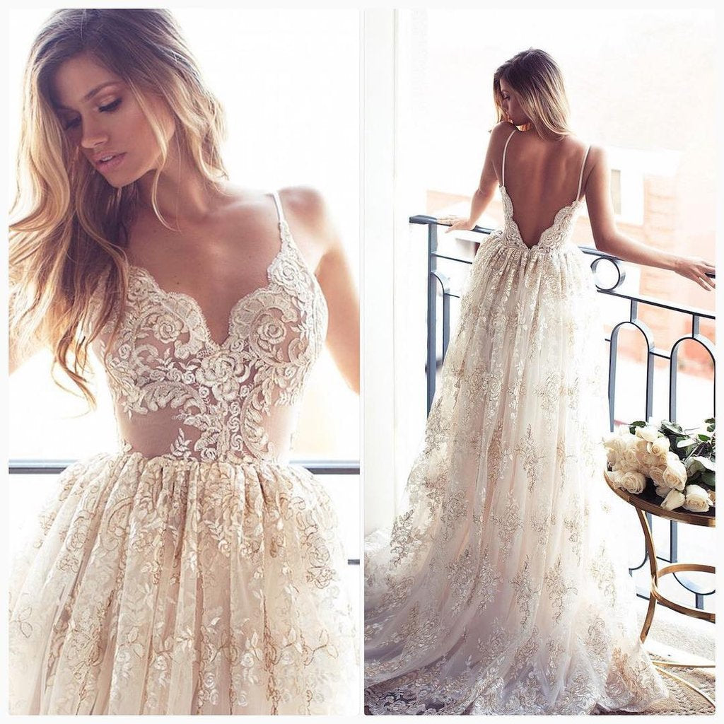 Lace Appliques Elegant V-Neck Prom Dress Tiered Backless Sleeveless Evening Dress-BMbridal.com