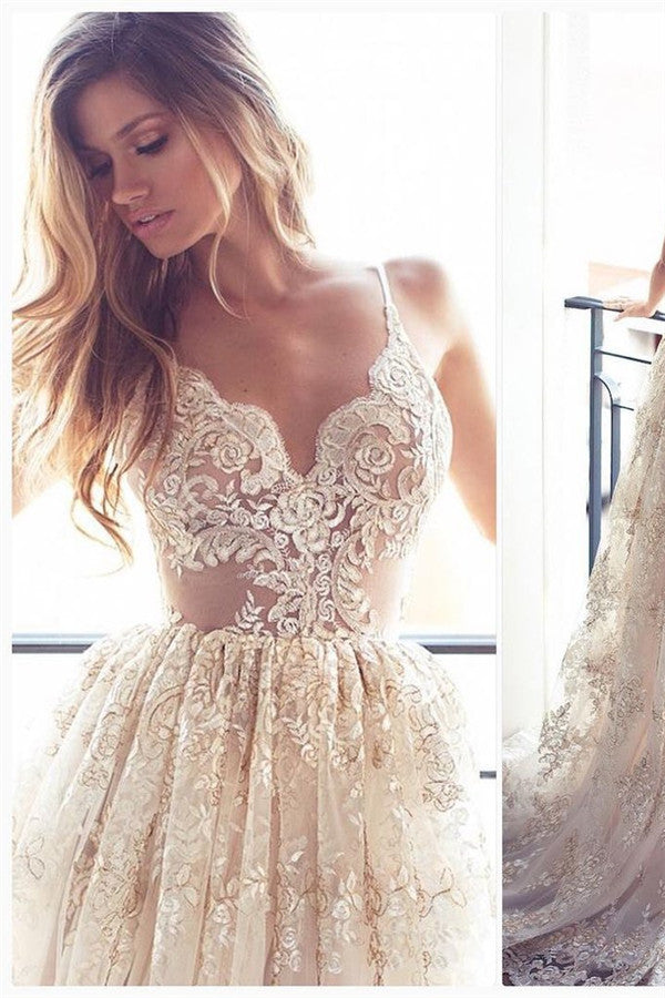 Lace Appliques Elegant V-Neck Prom Dress Tiered Backless Sleeveless Evening Dress-BMbridal.com