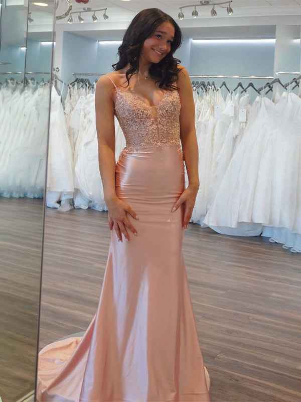 Light Pink Mermaid Spaghetti Straps Satin Appliques Long Prom Dress