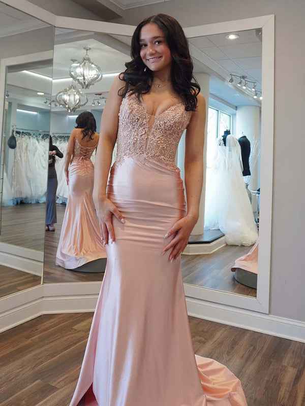 Light Pink Mermaid Spaghetti Straps Satin Appliques Long Prom Dress