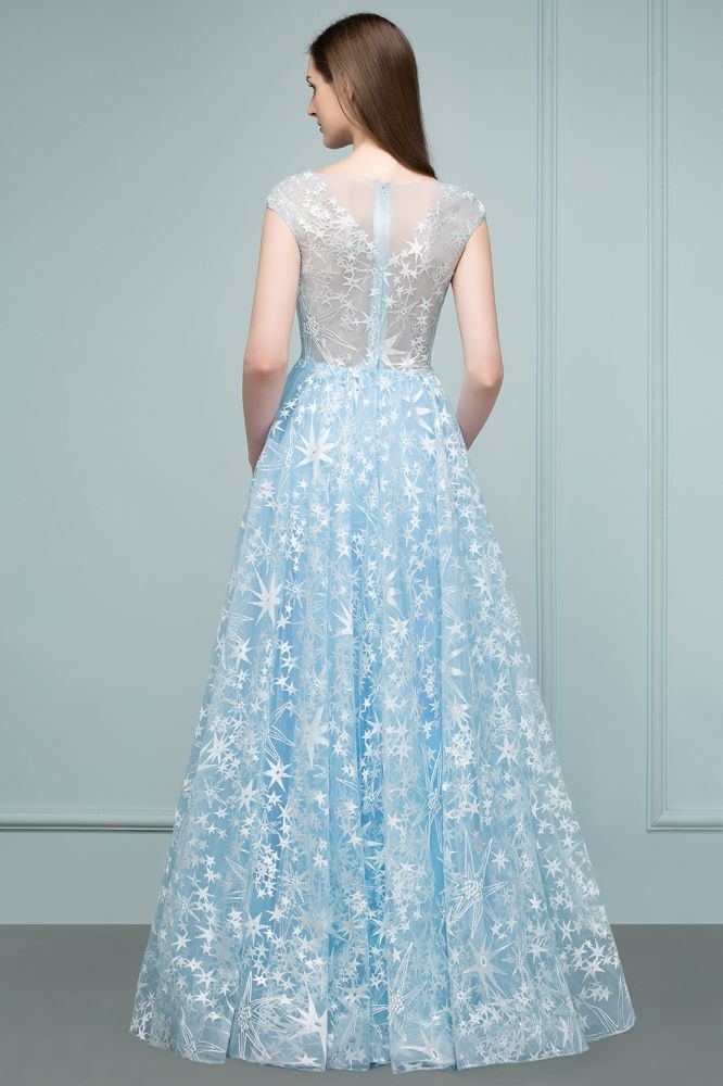 Long Appliqued Tulle A-line Cap Sleeves Prom Dresses-BMbridal