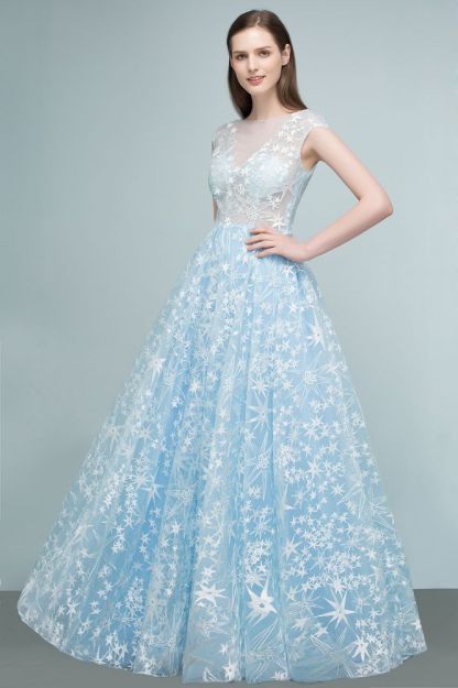 Long Appliqued Tulle A-line Cap Sleeves Prom Dresses-BMbridal