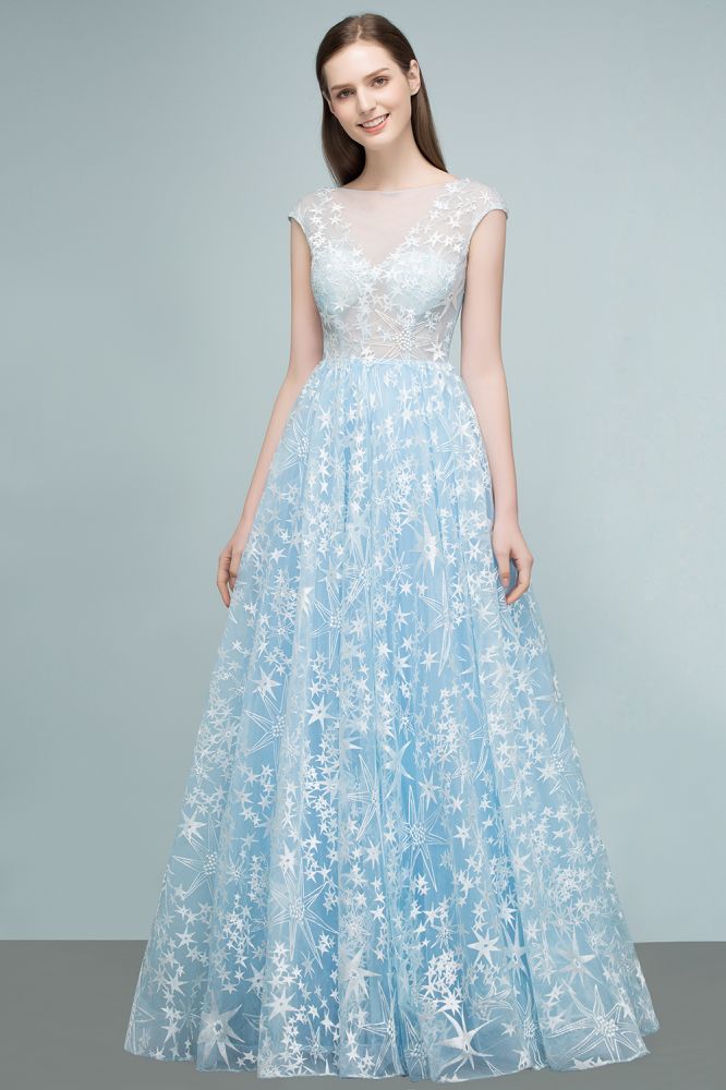 Long Appliqued Tulle A-line Cap Sleeves Prom Dresses-BMbridal