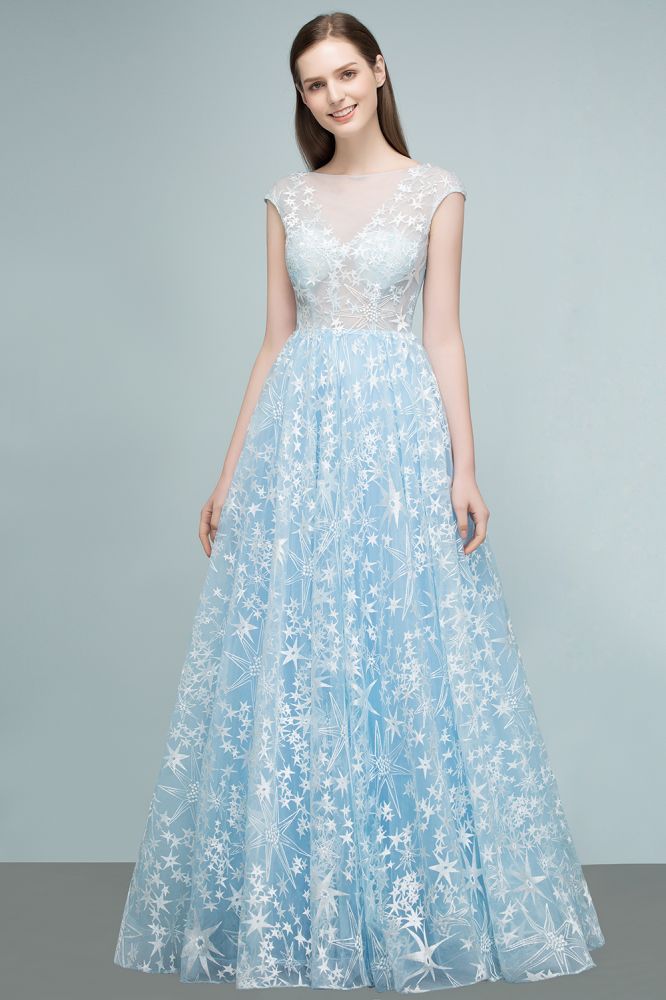 Long Appliqued Tulle A-line Cap Sleeves Prom Dresses-BMbridal