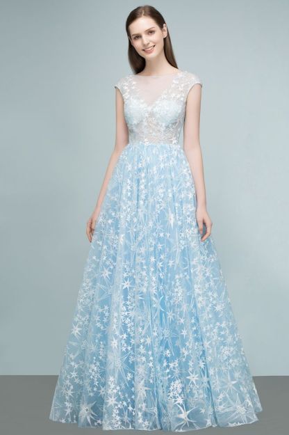 Long Appliqued Tulle A-line Cap Sleeves Prom Dresses-BMbridal