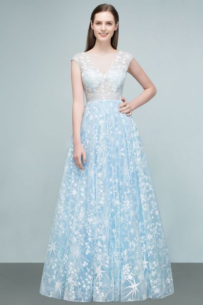 Long Appliqued Tulle A-line Cap Sleeves Prom Dresses-BMbridal
