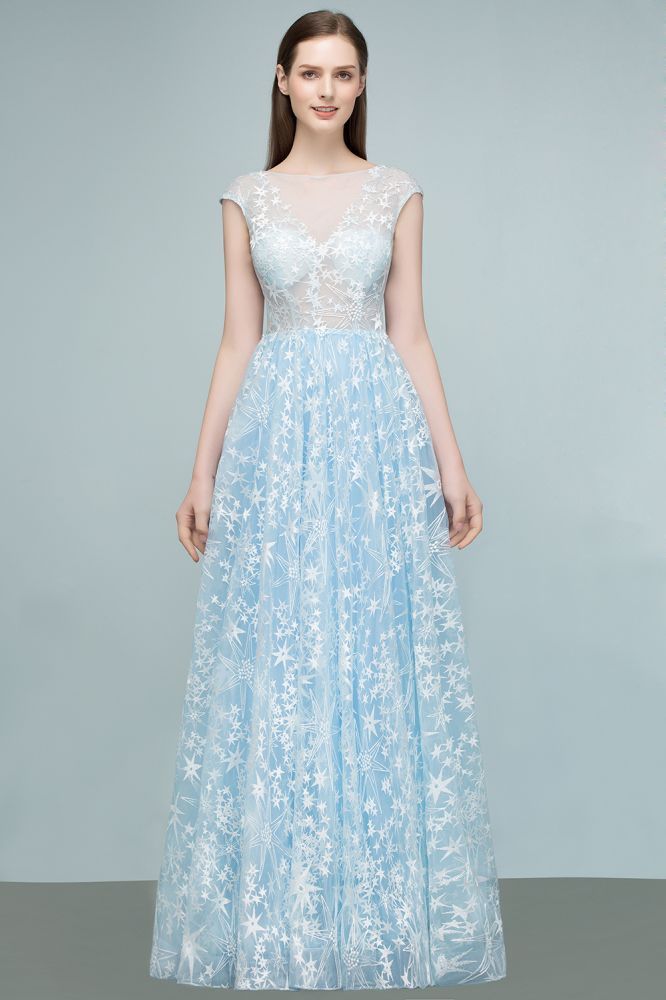 Long Appliqued Tulle A-line Cap Sleeves Prom Dresses-BMbridal