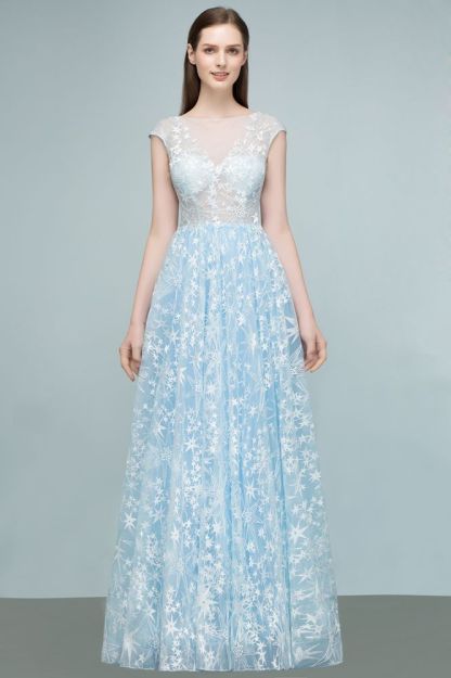 Long Appliqued Tulle A-line Cap Sleeves Prom Dresses-BMbridal