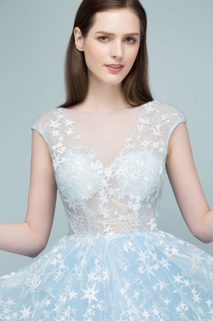Long Appliqued Tulle A-line Cap Sleeves Prom Dresses-BMbridal